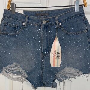 Cali 1850 Embellished Dark Blue Distressed Denim Shorts